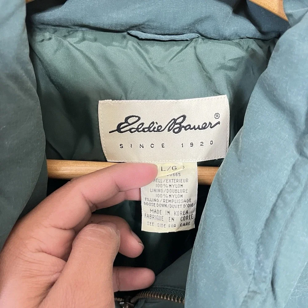 Vintage Eddie Bauer Goose Down Puffer Jacket L Men's Green Outdoor Hiking Ski